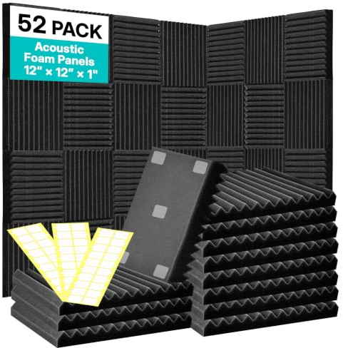 Acoustic Foam Panels for Walls, 52 Pack Sound Proof Foam Panels, 12 x 12 x 1 High Density Sound Dampening Panels for Recording Studio, Gaming Room & Home Theater (BLACK)