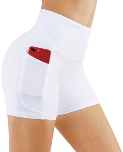THE GYM PEOPLE Pantaloncini Sportivi Donna a Vita Alta, Leggins Corti con Tasche,Shorts per Yoga, Palestra, Corsa e Allenamento Estivo,Bianco,M