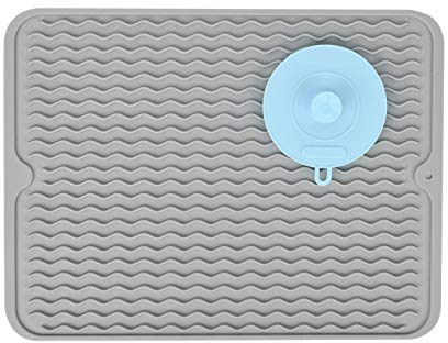 Große Silikon Abtropfmatte mit einer Multifunktionalen Reinigungsbürste für die Arbeitsplatte, Hitzebeständiger Untersetzer,Geschirr Trockenmatte (Grau, 40×30 cm)