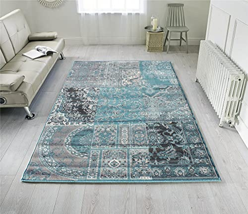 Teal Blue Traditional Moroccan Living Room Area Carpet Rug Grey Patchwork Oriental Hallway Bedroom Rugs 120cm x 170cm