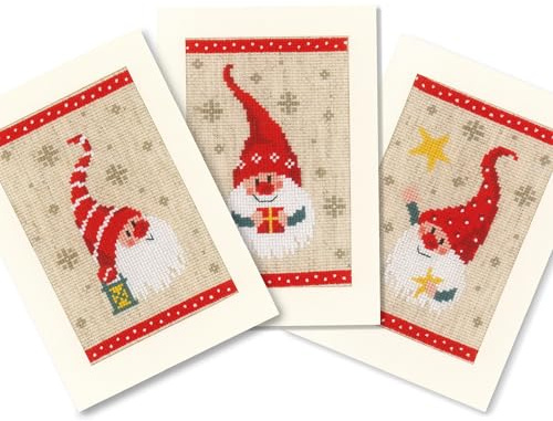 Vervaco Lesezeichen Kreuzstich Stickpackungen Gezählter Kreuzstich Weihnachtsgnom 3er DIY Postkarten Set Erwachsene Sticken Bastelset ca. 10,5 x 15 cm Stickset für Anfänger Kreatives Geschenk