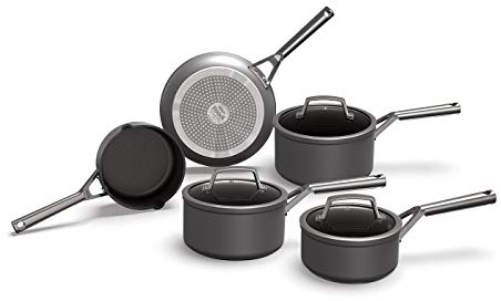 Ninja Foodi ZEROSTICK 5-teiliges Pfannenset mit Glasdeckeln, antihaftbeschichtet, hart eloxiertes Aluminium, induktionsgeeignet, backofen- und spülmaschinenfest, Edelstahlgriff, Grau, C35000EU