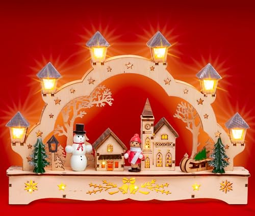 SIKORA LB62s Kleiner Schwibbogen aus Holz beleuchteter LED Lichterbogen Deko Weihnachten Motiv Dorfkirche mit Laternen Breite 27cm