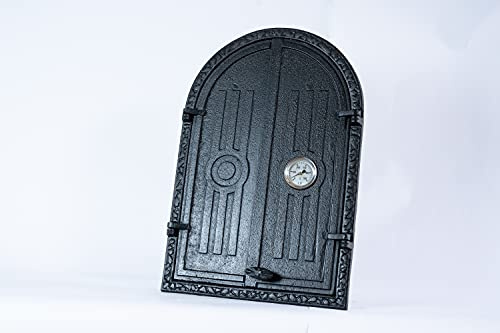 SEZAM doppelte Räucherofentür aus Gusseisen mit Thermometer 500 °C, mit Türriegel, halbrund, Tür für Smoker - Ofentür - Steinofentür, 39,5 x 3,5 x 58,5 cm, schwarz bemalt
