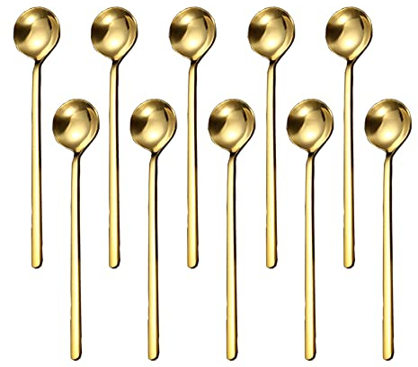 Coffee Spoons, PIVHWIR 10 PCS 6.77 Inches Stainless Steel Gold Long Handle Spoon for Espresso Sugar Dessert Cake Ice Cream Soup Cocktail Stirring Teaspoons