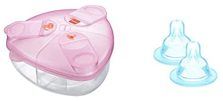 MAM Milk Powder Box, Formula Milk Powder Dispenser Stores 40 g Per Serving, Pink & Teats Size 2, Suitable for 2+ Months, Medium Flow Teats with SkinSoft Silicone, Fits All MAM Baby Bottles, Pack of 2