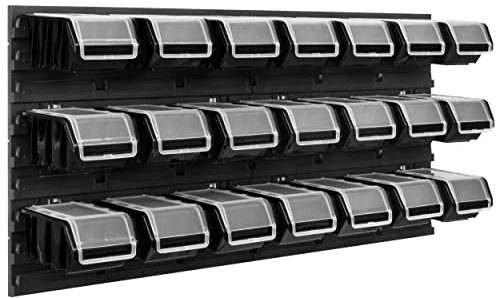 Lagersystem Werkstattregal | 78 x 39 cm | 21 stck. Box | Wandregal mit Stapelboxen - Wandplatten Extra Starke Schüttenregal Warkzeuglochwand Lagerregal Garage Regal (Black)