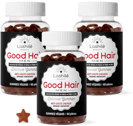 Lashilé Beauty Good Hair Men AntiChute Cheveux Homme | Complément alimentaire cheveux homme - Gummies zinc, maca, prêle - Une chevelure plus épaisse et résistante - 180 gummies