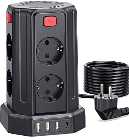 5M Torre Regletas Enchufes, Regleta USB 8 Tomas de AC Corrientes y 4 USB, 2500W/10A, Regreltas Vertical con Interruptor para Mesa, Oficia, Casa…