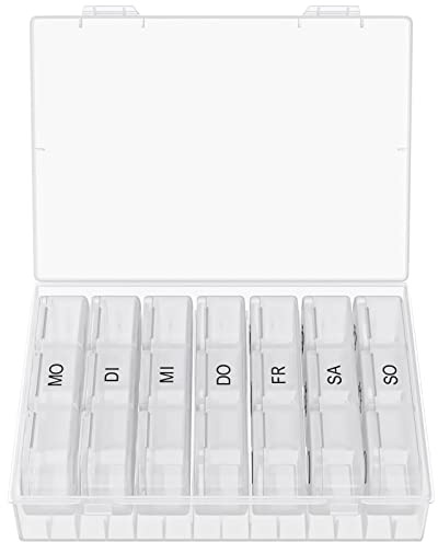 WELLGRO Tablettenbox für 7 Tage - Pillendose je 3 Fächer pro Tag - Klappdeckel mit Druckverschluss - Aufbewahrungsbox - BPA-freier Kunststoff, Farbe:Weiß
