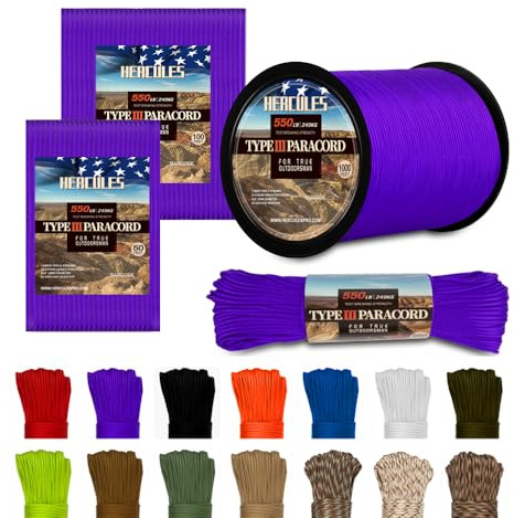 HERCULES Typ III Paracord 7 Stränge 550 Paracord Seil Fallschirmschnur 15 m/30 m/75 m/300 m für Heimwerker, Camping, Survival, Outdoor
