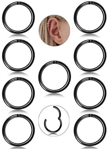 9Pcs Hypoallergen Nasenpiercing Ring Chirurgenstahl 16G - Helix Piercings Gold Nasenring Hoop Septum Piercing Clicker Ring Piercing Segmentring Silber Daith Rook Conch Tragus Piercings Schwarz 8/10mm