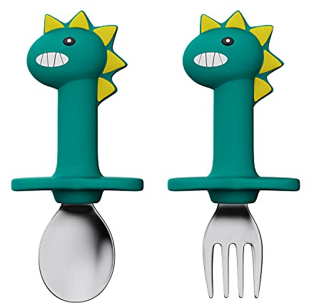 2PCS Cuillere Bebe, Witbicg Fourchette Bebe, Carottes Cuillère Bebe Nourrir Le Bébé, l'Enthousiasme Et Le Plaisir De Manger, Augmenter l'Appétit Convient Aux Bébés Plus 1 An (Court Dinosaure Vert)