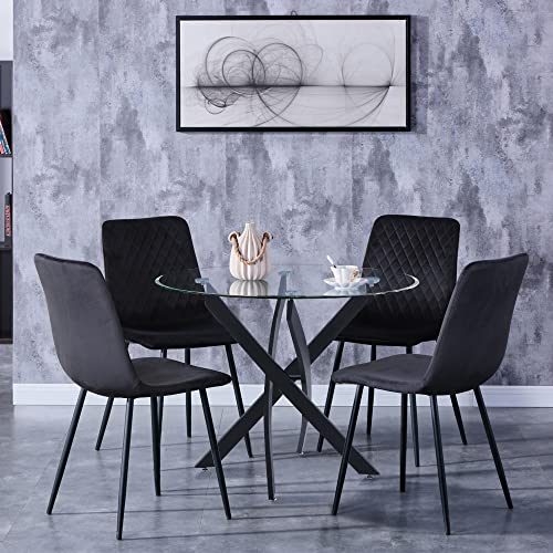 GOLDFAN Table Ronde avec 4 Chaises, Ensemble Table à Manger en Verre avec 4 Chaises pour 4 Personnes de Cuisine, Noir