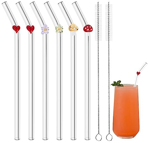 Musiwanna Cute Glass Straws with Charms, Glass Straws with Design, Reusable Straws for Drinking with Multiple Designs Includes Hearts&Flowers&Mushrooms, 6Pcs Clear Straw and 2Pcs Cleaning Brush