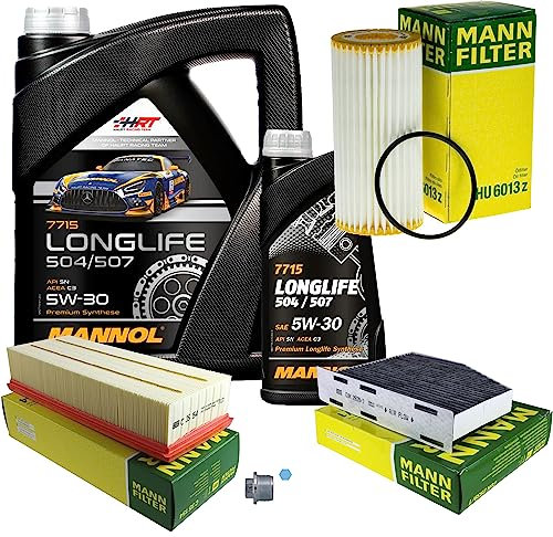 EISENFELS Filter Set Inspektionspaket erstellt mit 6 L Motoröl MANNOL Longlife 504/507 5W-30, MANN-FILTER Ölfilter, Luftfilter, Innenraumfilter, Verschlussschraube