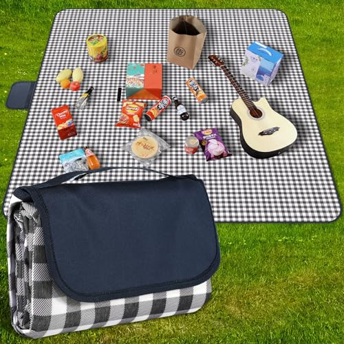 GUSUWU Picnic Blanket Waterproof Beach Rug 200×200cm Picnic Mat Washable Lightweight with Handle Navy Blue Checkered for Hiking Travelling Outdoor Camping,Parks