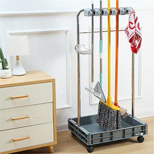 Bubinblau Soporte para Escoba y Fregona, Carro de Limpieza de Acero Inoxidable, Carro de Limpieza Móvil con Ruedas, para Almacenamiento de Herramientas de Limpieza de Garden Factory,5 Slots