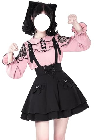 Cuteighteen Goth Minigonna Adolescenti Vita Alta Y2K Carino Pizzo Lolita Una Linea Flare Kawaii Bretelle Gonne con Fiocco, nero, M