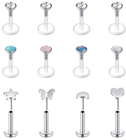 LAURITAMI 12stk Lippenpiercing Labret Stecker Bioflex 6mm 8mm 16G Medusa Monroe Flexibel Kunststoff Retainer Piercing Lippe