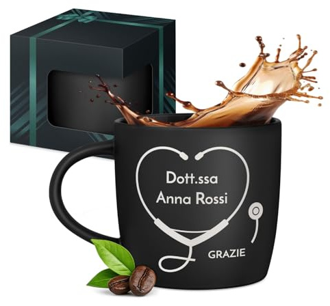 Maverton Tazza da caffè latte o tè in ceramica, 400 ml, Incisione | Personalizzata, Bicchiere con manico per bevande per Lei, Tazze da colazione per compleanno donna, Interno nero, medico