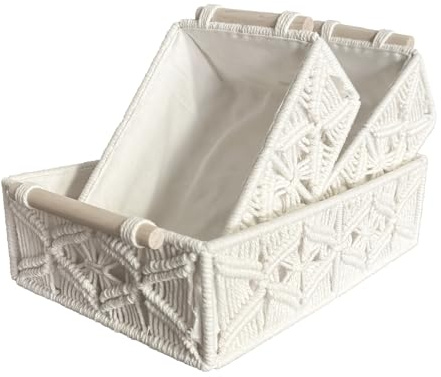 Schevem 3er-Set Boho Aufbewahrungskörbe,geflochten,Boho mit Griffen,Makramee aus Baumwollseil, handgemachter gewebter Brotkorb,Dekokorb für Badezimmer,Schlafzimmer,Küche und Regal Büro Organizer