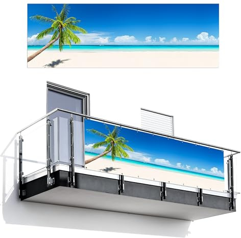 MuchoWow© Balkon Seitensichtschutz Einseitig Groß PVC Terrassen | 100x300 cm - Gartensichtschutz ohne bohren Wetterfest Zaun Schutz Terrasse Balcony Decoration Palme - Strand - Meer