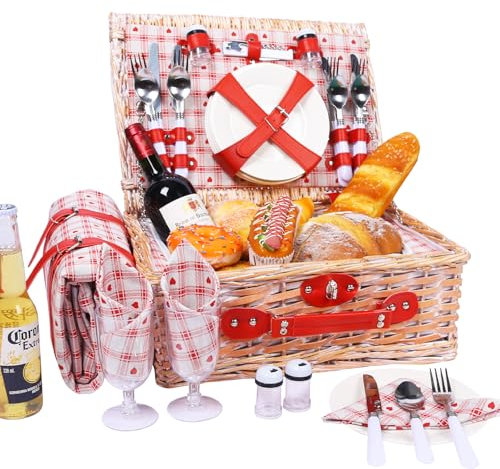 Picknickkorb für 4 Personen, Weidengeflecht, Picknick-Set mit Kühltasche und wasserdichter Picknickmatte, Picknickkörbe für Camping, Hochzeit, Sommer, Strand, Sommercamp-Geschenk, Outdoor