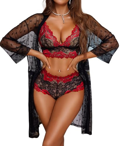 RSLOVE Lenceria Sexy para Mujer Conjunto de lenceria de encaje con albornoz de malla Conjunto de 3 piezas Ropa de dormir Ropa de dormir