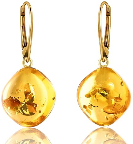 Amber by Mazukna - Pendientes de ámbar - Elegante joyería de ámbar colgante con accesorios dorados para mujer, pendientes de ámbar en forma de lágrima, joyería para mujer, Plata de ley, Ámbar