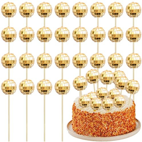 Ephlyn 24Pcs Gold Disco Ball Cupcake Toppers and Picks - Mini Cake Decorations for 70s Disco Theme Party