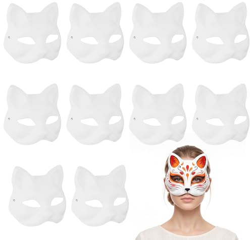 AIOUHMYM 10 st kattmasker att dekorera, vita gör-det-själv katträv masker, tom vit pappersmask, japansk stil halv ansikte handmålad mask för cosplay halloween dans fest karneval