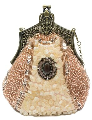 CORIOS Vintage 1920s Cuentas Bolsa de Noche Embrague de Lentejuelas para Mujer Clutch con Floral Bolso de Boda Bolsos de Fiesta Elegante Bolso de Hombro para Banquete Fiesta de Graduación Champán