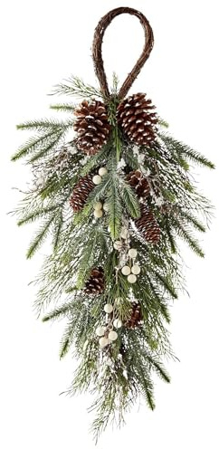 Adorno navideño en forma de lágrima - Corona navideña navideña para puerta de entrada de 81 cm con cedro sintético y bayas blancas | Corona de agujas de pino de invierno y piñas para decoración de por