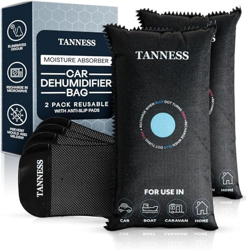 Tanness Paquete de 2 bolsas deshumidificadoras de coche de 1 kg con almohadillas antideslizantes – Accesorios esenciales para coche, absorbente de humedad, reutilizable, recarga en microondas –
