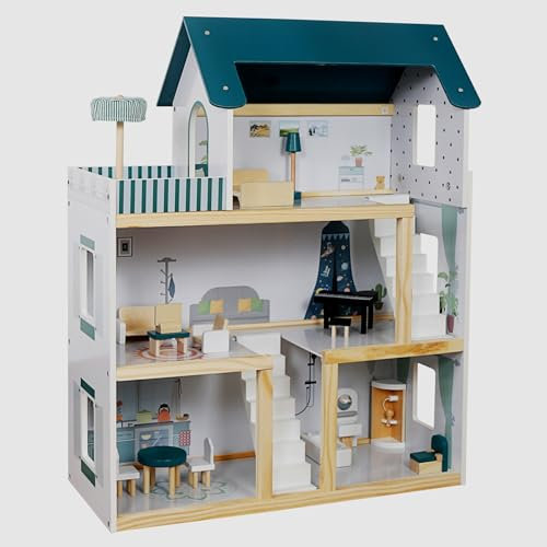 Tiktaktoo - Maison de poupée XXL - Maison de rêve en bois avec accessoires - 17 pièces - Pour enfants - 62 x 26,5 x 77 cm