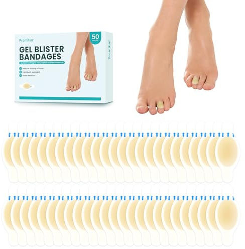 Promifun Blister Bandages Pads - 50 ct Blister Cushions - Water Resistant Hydrocolloid Bandage for Foot, Toe, Heel - Gel Blister Bandages for Prevention & Recovery, Toe Pack