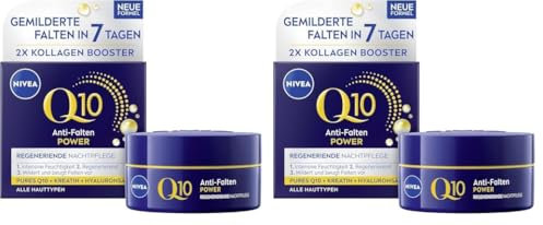 NIVEA Q10 Anti-Falten POWER Regenerierende Nachtpflege, straffende Gesichtspflege für alle Hauttypen, Nachtcreme mit purem Q10, Kreatin & Hyaluronsäure (50 ml) (Packung mit 2)