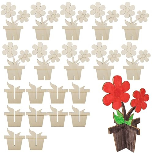 SEABABOO Träblommor för målning 10 stycken trä krukväxter pysselset pyssel för målning blomkruka krukväxter 3D blommor träpysselset för gör-det-själv mors dag målning dekoration