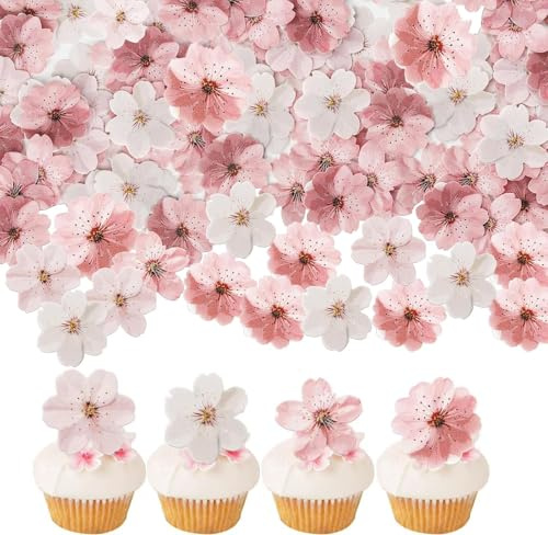 Viojrlly 50 piezas de Adornos Comestibles para Cupcakes, Obleas Comestibles de Papel,Comestibles de Flores para Tartas de Boda,Decoración de Tarta,para Cumpleaños,Fiestas,Cupcakes, color rosa