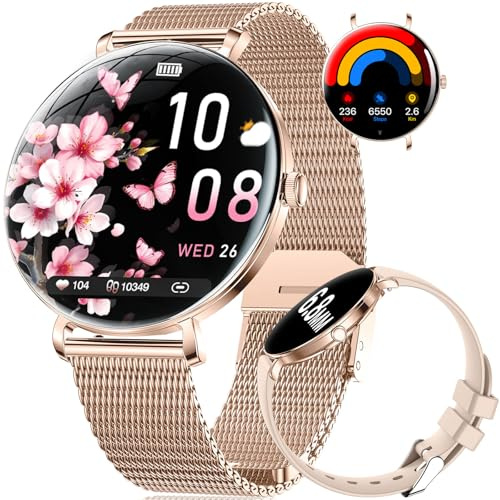 Smartwatch Damen mit Telefonfunktion, 1,43 AMOLED Display Ultradünn & Gebogen für iOS Android, 100+ Sportmodi, Fitness Tracker, Gesundheitsverfolgung, Menstruationszyklus, Kalorien, 5ATM Wasserdicht