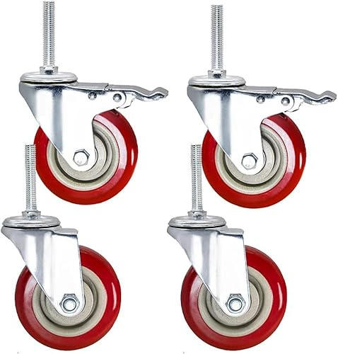 M12 X 60 Mm De Rosca Larga 3 4 5 Ruedas Andamio De Alta Resistencia 500 Kg PU Silencioso con Freno Giratorio para Muebles Banco De Trabajo De Carro De Transporte Industrial, 4inch 2brake+2swivel