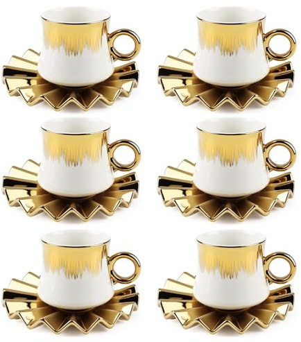Loxiia 6-Piece Espresso Cup and Saucer Set, 90ml (3 oz) Luxury Porcelain Turkish Coffee Cups, Elegant Gold Rim Coffee Mugs for Demitasse, Macchiato & Latte - Vintage Black Tea Cup Set, Gift Box