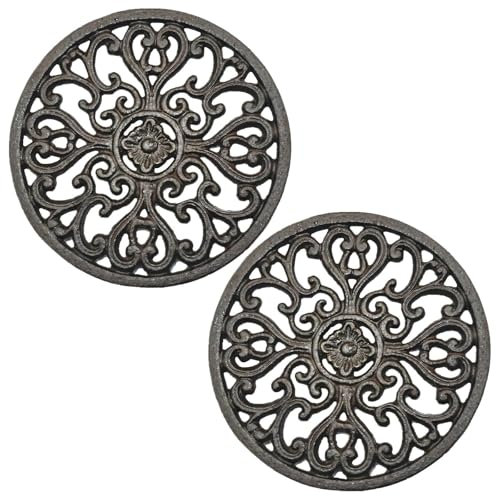 Juego de 2 salvamanteles de hierro fundido de 6.7 pulgadas, resistentes con patas antideslizantes, acabado rústico para proteger ollas calientes, sartenes, encimeras de cocina
