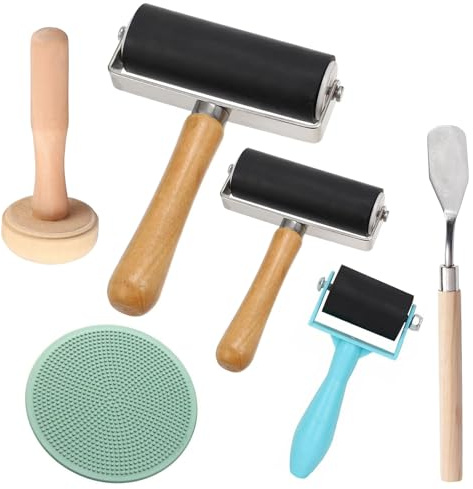 Brayer Roller for Crafts, 3Pcs Printmaking Ink Rollers, Rubber Brayer Rollers for Lino with 1 Scraper, Plastic Stamp Making Platen and Mushroom Roller for Lithography Block Printing DIY Arts Crafts