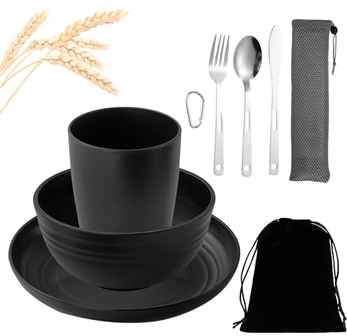 BEELUKY Camping Besteck Set 9-Teilig, Schwarz | Mit Schüssel, Teller, Becher, Mit Messer, Löffel und Gabel, Unzerbrechliches Melamin, Wiederverwendbar