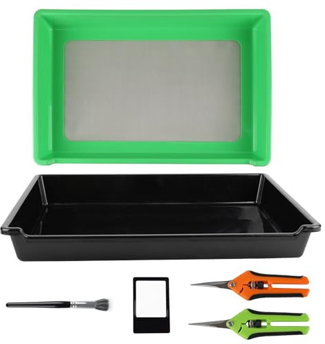 CISSIYOG Plateau Tamis,Plateau de Coupe,Trim-Bin Bac de Coupe Rectangulaire,avec Tamis de 150 Microns,2 Tête de Ciseaux,pour Pollen et Vanille,La Maison Jardin Plante