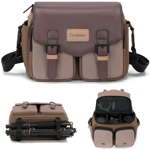 Cwatcun Kameratasche für DSLR, Kamera Umhängetasche mit Wasserabweisend | Kamera Rucksack für DSLR/SLR Camera Shoulder Bag, Leicht Zu Reinigen, Kompatibel mit Sony Nikon Canon eos r50. Braun. Y89, M