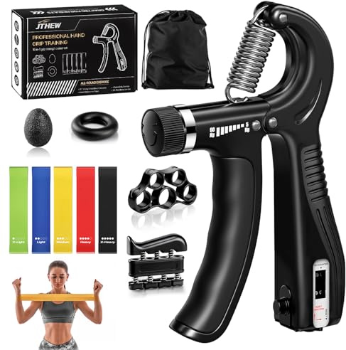 Handstyrketränare Träningsset (10-pack): Justerbar handtränare, fingersträckare/-press, greppring, stressboll & 5 resistansband för muskelbyggnad och återhämtning.
