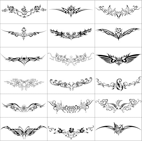 18 Tatouages Temporaires Noirs Femme Homme – Tatouages Faux Étanches Sexy pour Adultes – Autocollants Tribaux Fleurs Papillons Dos Ventre Cuisse – Avec Pince de Précision Rose
